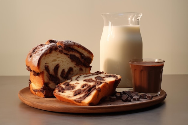 Babka au chocolat avec du lait sur la table beige