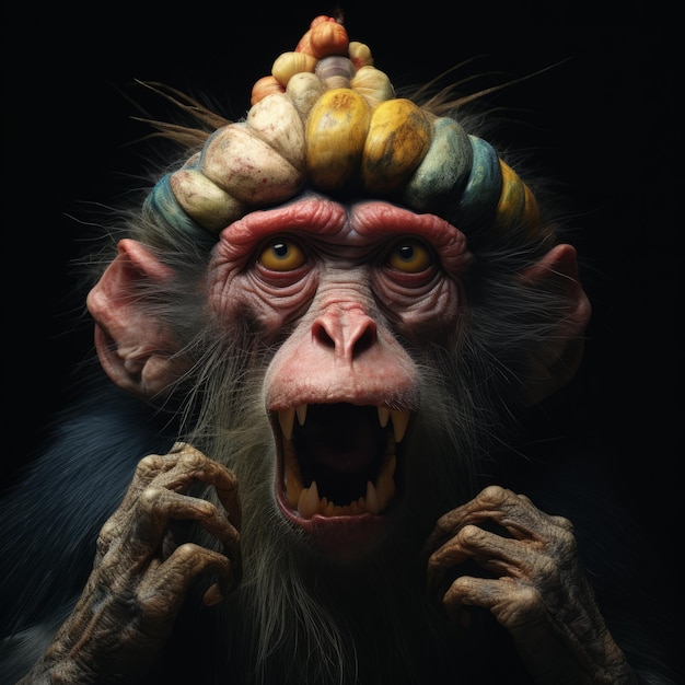 Photo un babouin expressif avec une tête de fruit une réimagination de photobashing