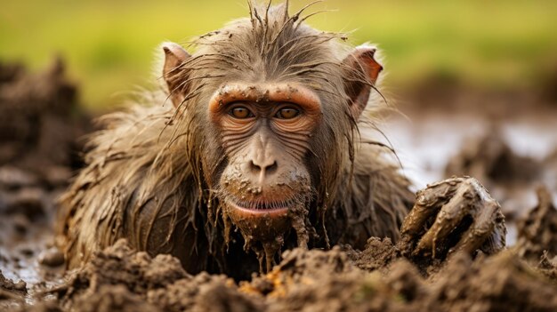 Photo un babouin ludique recouvert de boue une photo captivante de schlieren