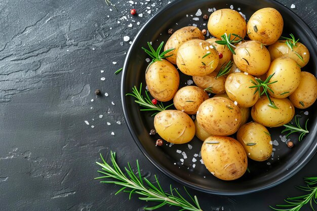 Des baby-potatoes bouillis avec du romarin et du sel de mer sur une assiette noire générée par l'IA