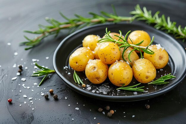 Des baby-potatoes bouillis avec du romarin et du sel de mer sur une assiette noire générée par l'IA