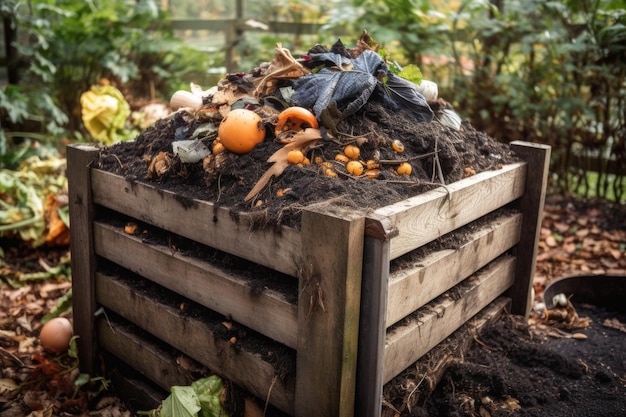 Photo bac à compost débordant de riche compost noir créé avec une ia générative