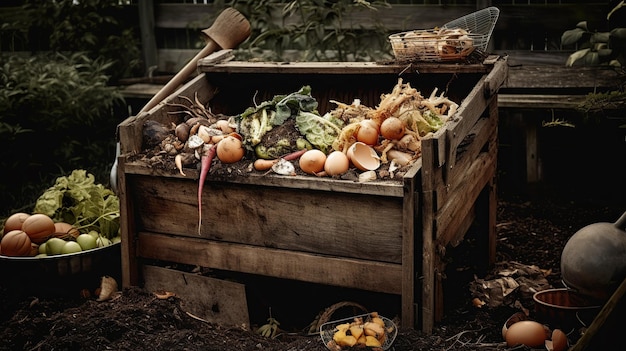 un bac à compost avec des déchets de cuisine