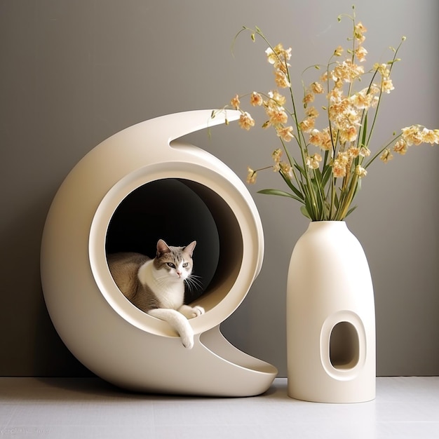 bac à litière pour chat la forme devrait être comme un vase avec de fausses fleurs sur le dessus avec générer Ai