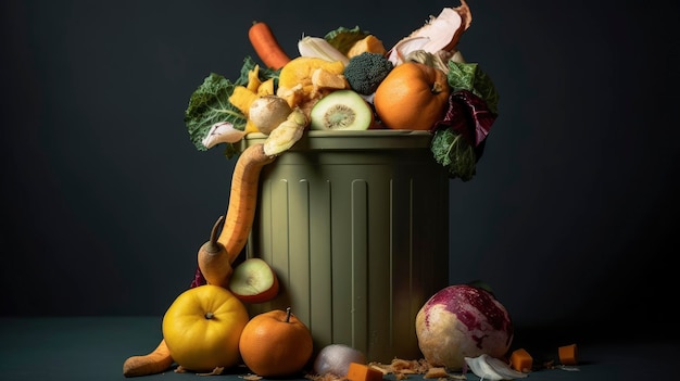 Un bac de nourriture est rempli de légumes et de fruits.