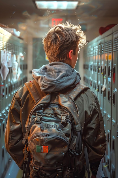 Back voew d'un étudiant dans le vestiaire à l'école ou à l'université