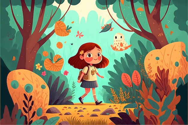 background Conception d'une petite fille jouant au milieu de la forêt, avec un joli coloré.