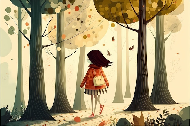 background Conception d'une petite fille jouant au milieu de la forêt, avec un joli coloré.