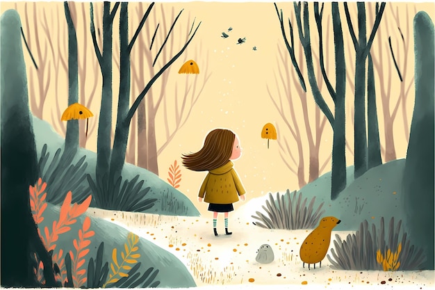 background Conception d'une petite fille jouant au milieu de la forêt, avec un joli coloré.