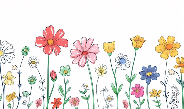 Photo background with colorful flowers cute doodle illustration white background spring theme