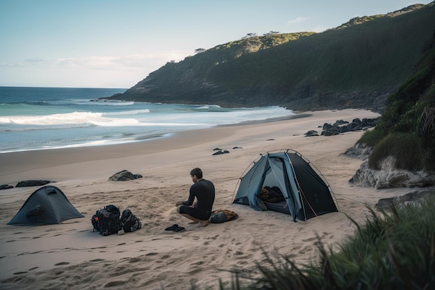 Backpacker installant son camp pour la nuit sur une plage isolée créée avec une IA générative