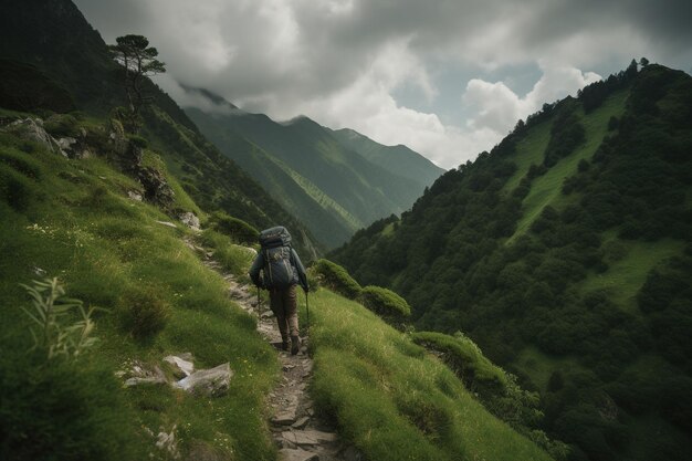 Backpacker voyageant par le chemin de la montagne