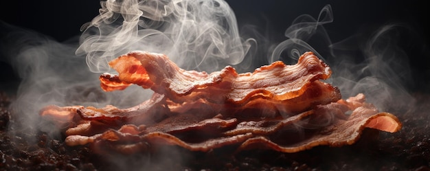 Photo bacon croustillant au four avec de la fumée en arrière-plan ia générative