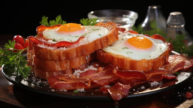 bacon croustillant avec œuf sur un fond noir et flou