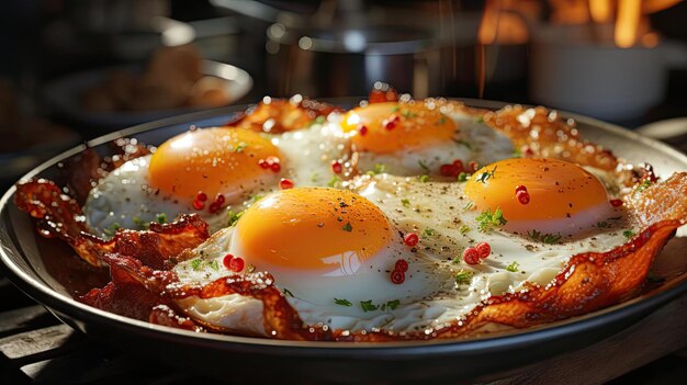 bacon croustillant avec œuf sur un fond noir et flou