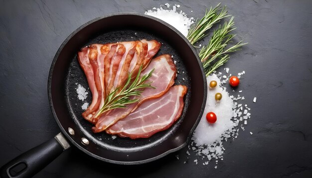 Bacon dans une poêle à frire avec du sel et des herbes sur un fond de pierre