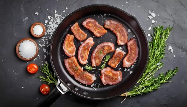 Bacon dans une poêle à frire avec du sel et des herbes sur un fond de pierre