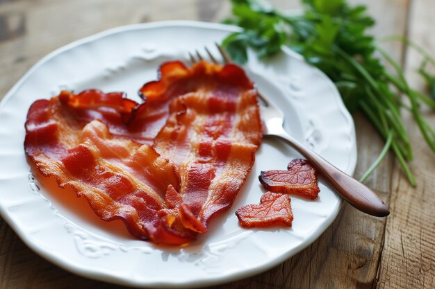 Un bacon en forme de cœur servi sur une assiette décorative