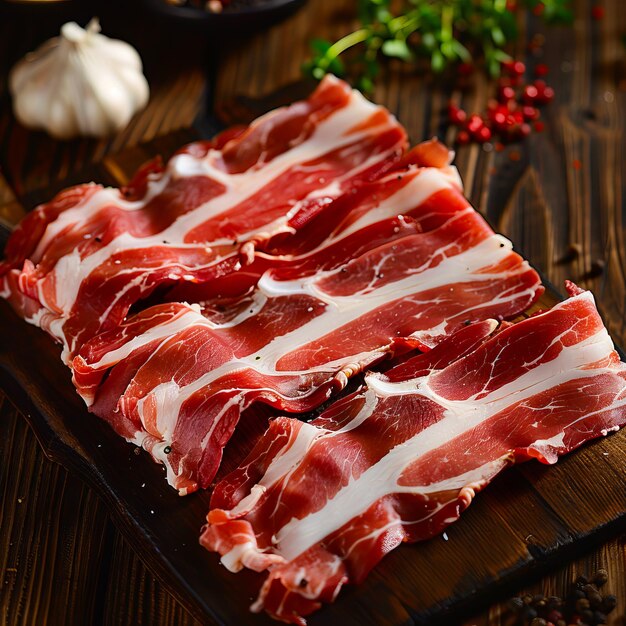 Bacon tranché sur une planche à couper en bois