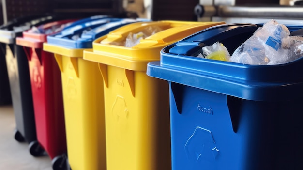 Des bacs de différentes couleurs alignés soigneusement remplis de produits recyclables triés, du papier plastique en verre et des métaux mettant l'accent sur la gestion organisée des déchets