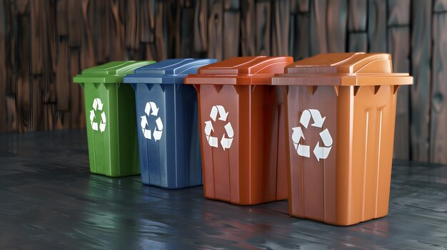 Photo des bacs de recyclage multicolores en argile 3d favorisant la réduction des déchets et des solutions d'élimination respectueuses de l'environnement