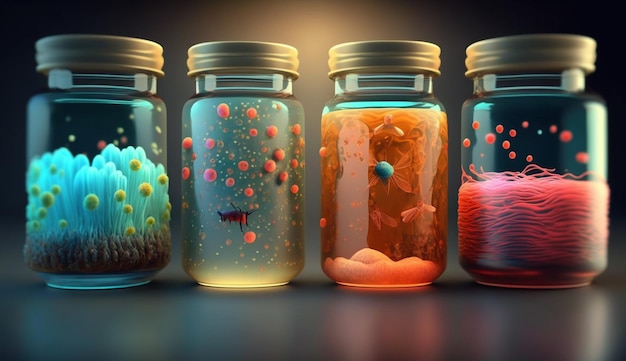Bactéries dans des bocaux transparents AI générative
