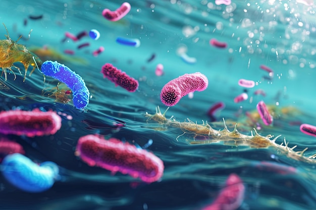 Bactéries de formes et de couleurs différentes dans un environnement liquide