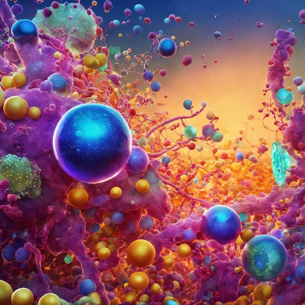 Bactéries, molécules, bulles de bactéries, biotechnologie, arrière-plan et art de l'illustration