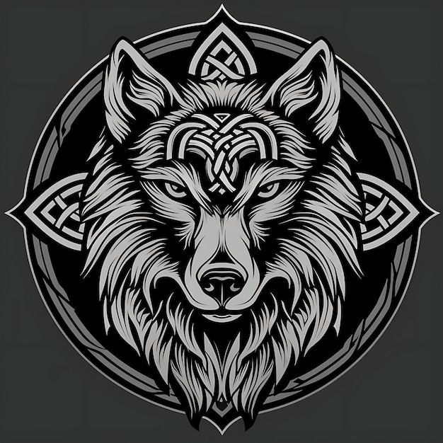 Badge du clan des loups courageux avec la tête de loup et le nœud celtique pour le dessin de tatouage du logo créatif