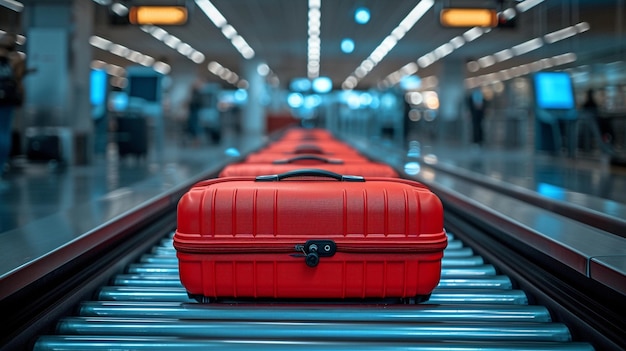 Photo des bagages à l'arrivée tournant sur une courroie transportatrice dans la zone de récupération des bagages d'un aéroport international contemporain prêts à être récupérés