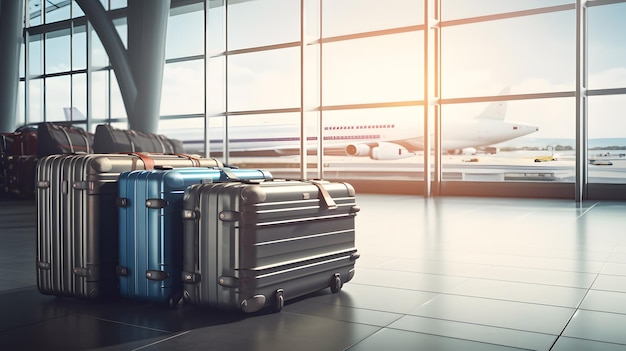 Bagages dans un aéroport avec un avion en arrière-plan