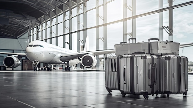 Bagages dans un hangar avec un avion en arrière-plan