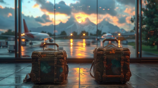 Bagages dans le terminal de l'aéroport au coucher du soleil