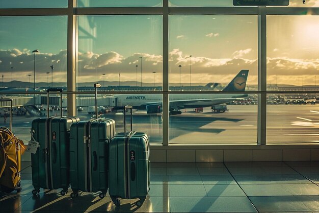 Bagages dans le terminal de l'aéroport au coucher du soleil