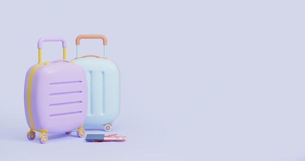 Bagages de dessin animé bleu et violet avec des billets sur fond vide de copie espace