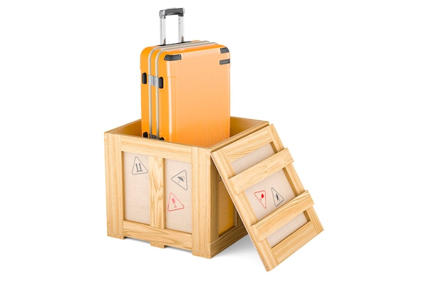 Bagages à l'intérieur du concept de livraison de boîte en bois rendu 3D