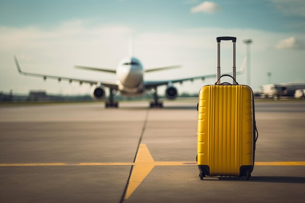 Bagages jaunes à l'aéroport de piste avec fond d'avion par espace de copie générative ai