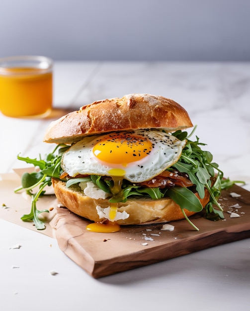 bagel avec de l'arugula et des œufs frits sur la table blanche pour le petit déjeuner