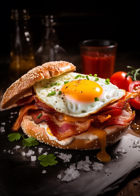 bagel avec du bacon et des œufs frits sur la table noire