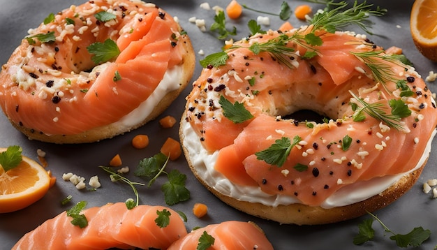 un bagel avec du saumon et du persil