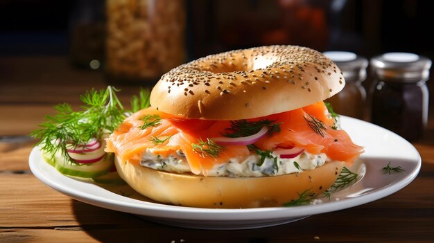 Un bagel fraîchement cuit rempli de saumon fumé et de fromage à la crème sur une planche en bois et une table Un petit déjeuner sain