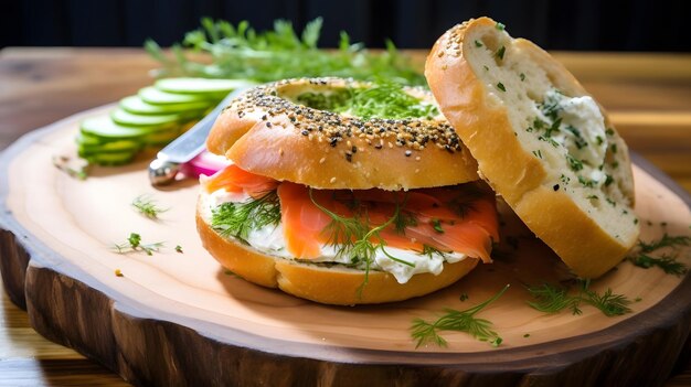 Un bagel fraîchement cuit rempli de saumon fumé et de fromage à la crème sur une planche en bois et une table Un petit déjeuner sain