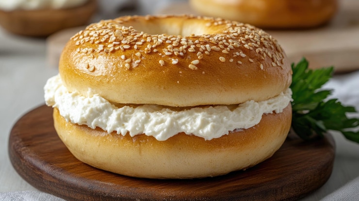 Photo un bagel fraîchement fait est rempli de fromage à la crème sur du bois