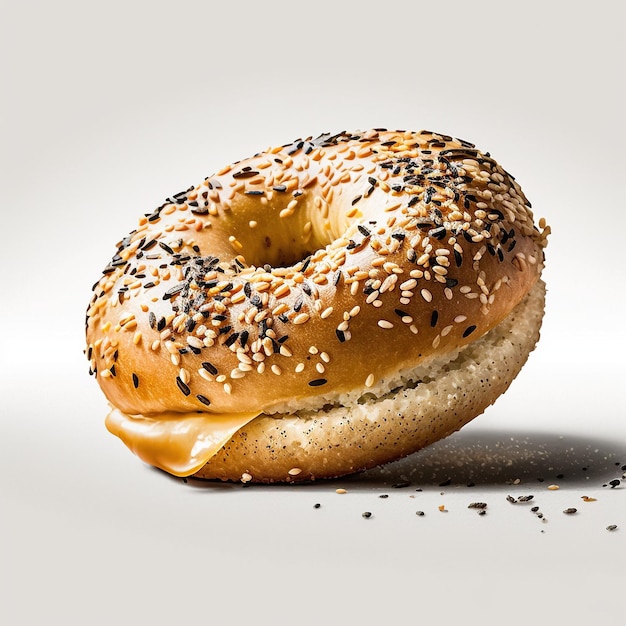 Un bagel avec des graines de sésame dessus et un fond blanc.