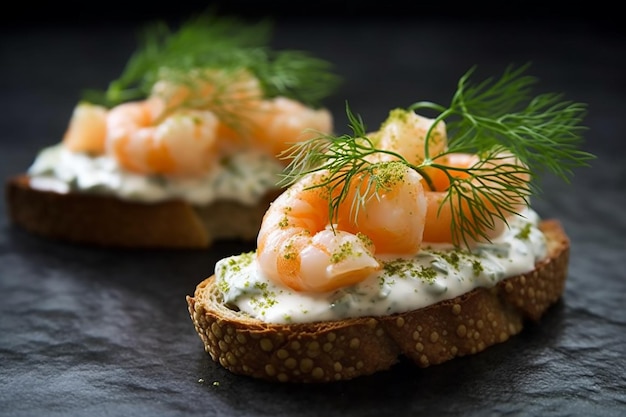 Un bagel grillé avec des crevettes dessus