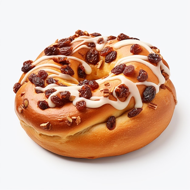 un bagel avec des raisins secs sur un fond blanc