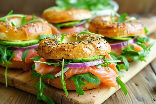 Bagel de saumon fumé avec de l'arugula au concombre frais