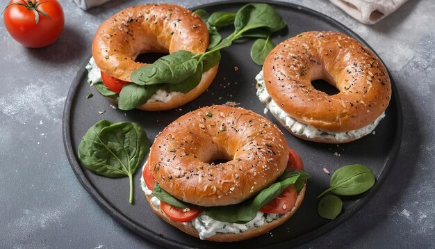 Des bagels de jambon et de poulet faits maison servis avec des épinards biologiques frais et du fromage cottage ruccola