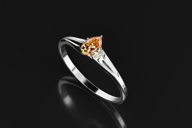 Bague en argent avec diamant poire ambre placé sur fond brillant rendu 3D