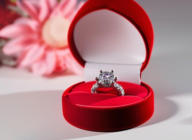 Bague diamant 3d en boîte à bagues rouge fleur fond de jour velantines